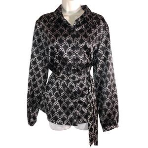 Black White Chain Print Stretch Satin Blouse